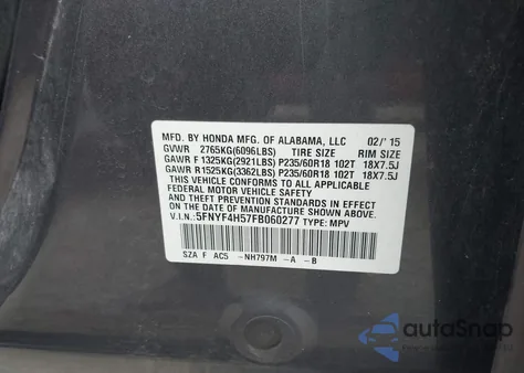 2015 Honda Pilot Ex-L z USA, uszkodzony, nr VIN 5FNYF4H57FB060277